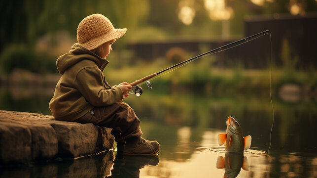 a child catches fish on a lake on a sunny summer day.Generative AI