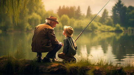 grandfather and grandson are fishing on a pond or lake.Generative AI - obrazy, fototapety, plakaty