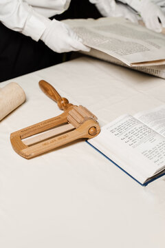 Jewish grogger noisemaker and Hebrew bible for praying and celebration Purim festival. Purim Jewish religious holiday of Israel.
