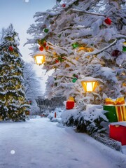 Fantastic Christmas tree snow-covered landscapes with of gifts. 