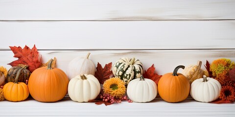 Festive autumn decor of pumpkins, berries and leaves on a white wooden background. The concept of Thanksgiving. Generated by AI.