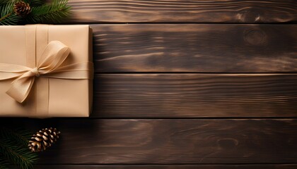 Vista superior de caja de regalo de papel artesanal con temática navideña sobre mesa de madera. Espacio para texto. - obrazy, fototapety, plakaty