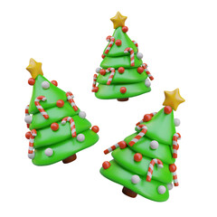 Realistic green Christmas tree decorated with balls, candies, gold star. Set of vector illustrations in different positions. Festive winter element in cartoon style