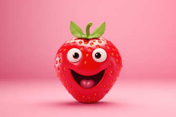 3D simple Strawberry fruit with happy character face - obrazy, fototapety, plakaty