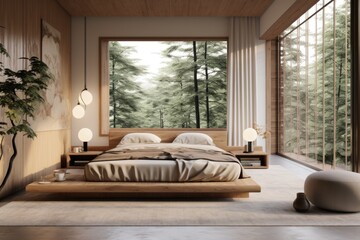 Bedroom interior details  in trendy minimalist japandi style