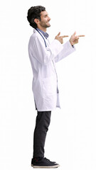 male doctor in a white coat on a white background in profile with his hands folded together