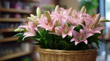 Bouquet of pink lilies in a wicker basket. Mother's day concept with a space for a text. Valentine day concept with a copy space.