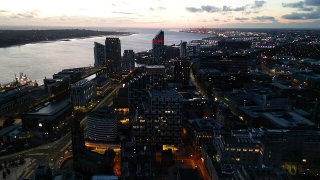 Night drone view of Liverpool city centre, North West England, United Kingdom