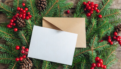 Fototapeta na wymiar Blank card and envelope on fir branches