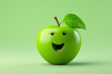  3D simple green Apple fruit with happy character face