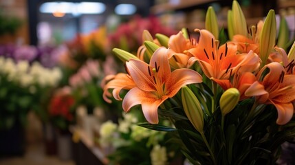 Obraz na płótnie Canvas Bouquet of orange lilies in a flower shop. Selective focus. Mother's day concept with a space for a text. Valentine day concept with a copy space.