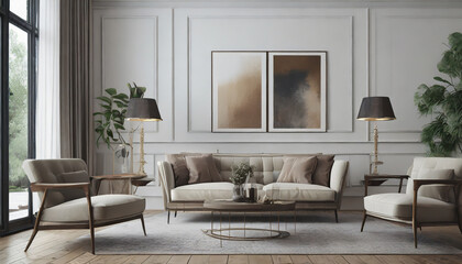 Classic Simplicity with Wall Mockups, Achieve timeless elegance in the Scandinavian living room with iconic mid-century furniture and neutral tones. Wall mockups