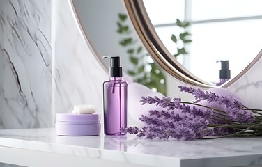 colorful bottles and tubes with cosmetics and lavender herbs on white marble shelf in the bathroom...
