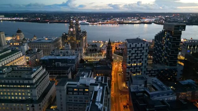 Night aerial shot of Liverpool city centre, North West England, United Kingdom