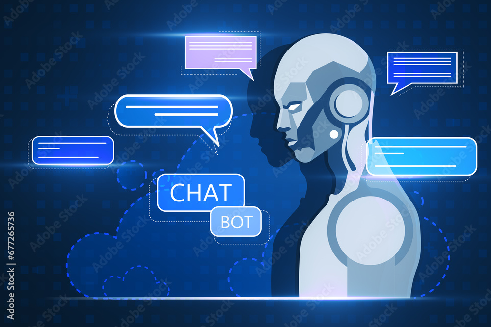 Poster Creative glowing robot and chat ai hologram on dark blue pixels background. Machine learning, artificial intelligence and innovation concept. 3D Rendering.