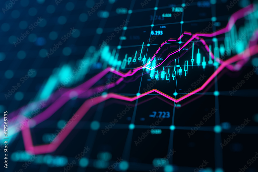 Poster dynamic stock market tracker on a dark blue background. 3d rendering
