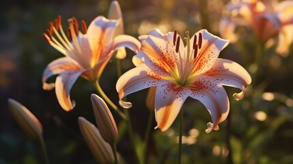 Beautiful lily flowers in the garden at sunset. Summer landscape. Mother's day concept with a space for a text. Valentine day concept with a copy space.