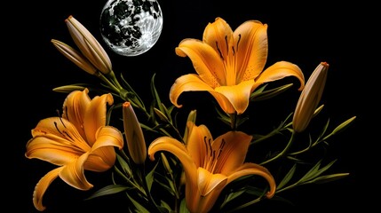 Bouquet of lilies on a black background with the moon. Mother's day concept with a space for a text. Valentine day concept with a copy space.