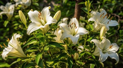 White lily flowers in the garden on a sunny summer day. Mother's day concept with a space for a text. Valentine day concept with a copy space.