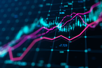 Dynamic Stock Market Tracker on a Dark Blue Background. 3D Rendering