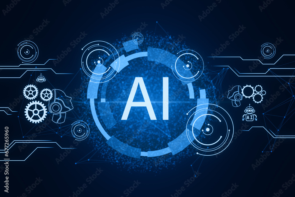 Aufkleber Glowing AI hologram on blurry background. Artificial intelligence, robotics and chat gpt concept. 3D Rendering.