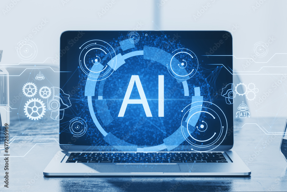 Aufkleber Close up of laptop computer with glowing AI hologram on blurry background. Artificial intelligence, robotics and chat gpt concept. 3D Rendering.