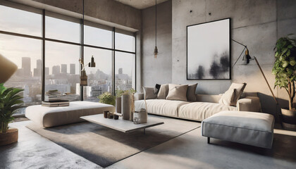 Urban Escape with Wall Mockups, Blend city aesthetics with Scandinavian design—concrete accents, industrial lighting, and a neutral palette in the living room. Wall mockups