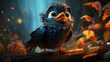 Naklejka premium Pássaro preto fofo na floresta - Ilustração infantil 3d