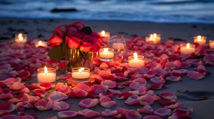 candles and rose petals on the background of the sea.Generative AI