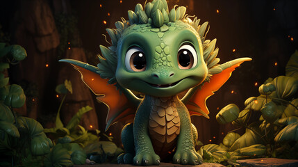 filhote de Dragão verde fofo na floresta - Ilustração infantil 3d