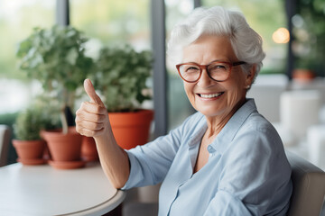 Portrait of positive senior woman with thumb up at home. Aging society concept