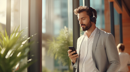 Businessman wearing headphones listens to music and relaxes sitting.Work Life Balance concept.