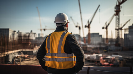 A Smart engineer stands looking at the construction site, Architecture concept