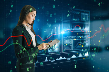 Businesswoman analyzing digital financial charts on a holographic interface