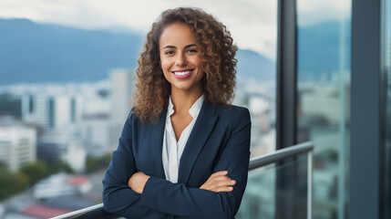 Smiling confident businesswoman with arms crossed standing.Diversity and inclusion initiative, promoting equality and fostering a welcoming and inclusive work environment