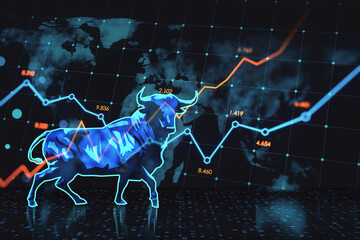 Bullish financial market trend with blue bull. 3D Rendering