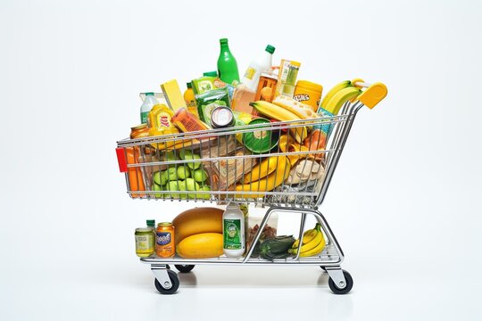View yellow shopping cart filled with packaging groceries, low carmera angle, frog perspective, white background