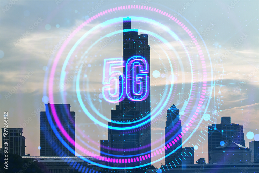 Poster abstract glowing round 5g hologram on blurry city backdrop. telecommunication and internet speed con
