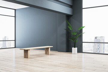 New exhibition hall interior with empty mock up place on wall, panoramic window and city view, daylight and wooden flooring. 3D Rendering.