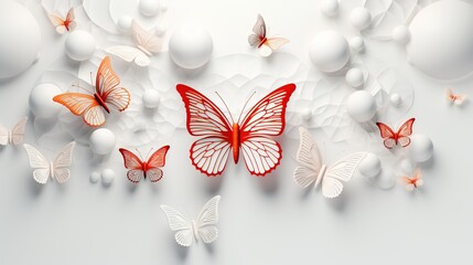 With copy space in the middle, ornaments at left hand side, 3d geometric shapes butterfly ornaments in white background