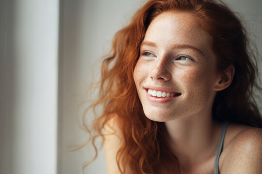 Generative AI portrait of adorable red haired young girl smiling overjoyed