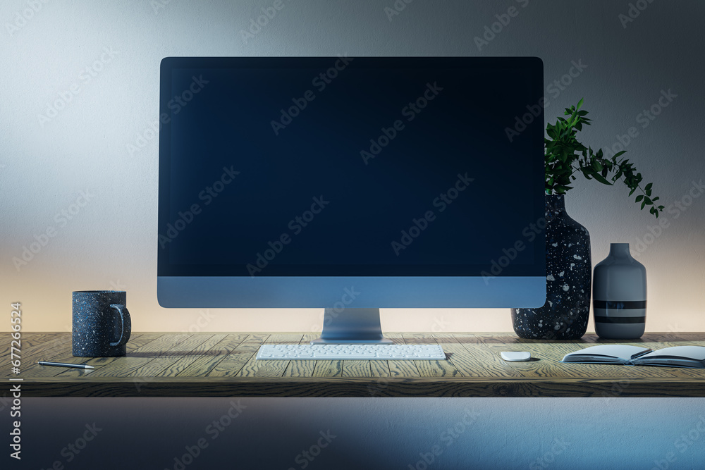 Poster close up of creative dark designer desktop with empty computer display, coffee cup, supplies and oth