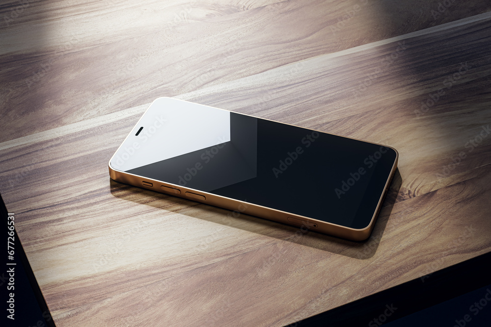Aufkleber close up of smartphone screen with reflections on wooden table. 3d rendering.