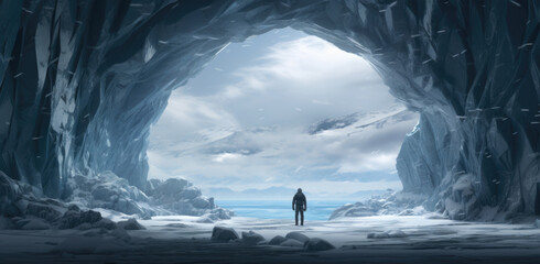 Man exploring an amazing glacial cave.