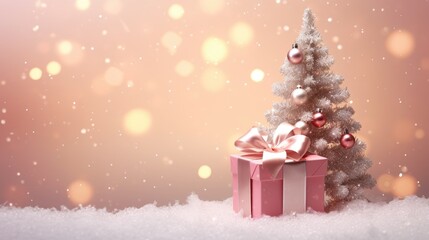Fototapeta na wymiar a small christmas tree sitting next to a pink box with a pink bow on top of it and a pink and white present box with a pink bow on the bottom. generative ai