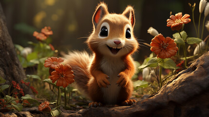 Esquilo fofo e feliz na floresta - ilustração infantil 3d 