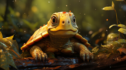 Tartaruga fofa na floresta tropical - Ilustração infantil 3d  - obrazy, fototapety, plakaty