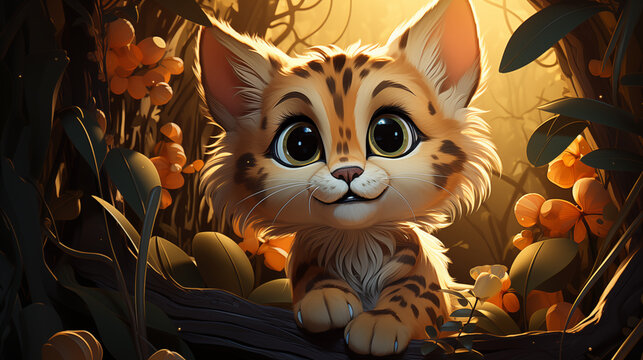 Gato selvagem laranja com listras na floresta - Ilustração infantil fofa  