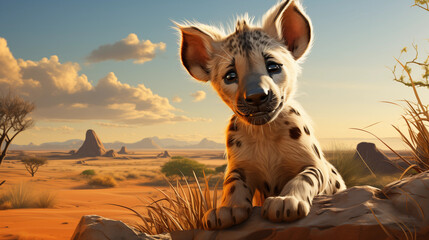 Filhote de hiena fofa na planice - Ilustração infantil   - obrazy, fototapety, plakaty