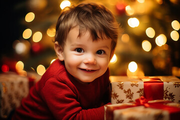 Generative AI portrait of small funny child believe in santa claus waiting christmas gifts presents